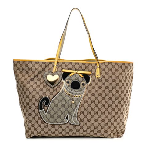 GUCCI GG Monogram Patent Oliver Pug Tote Yellow Beige 